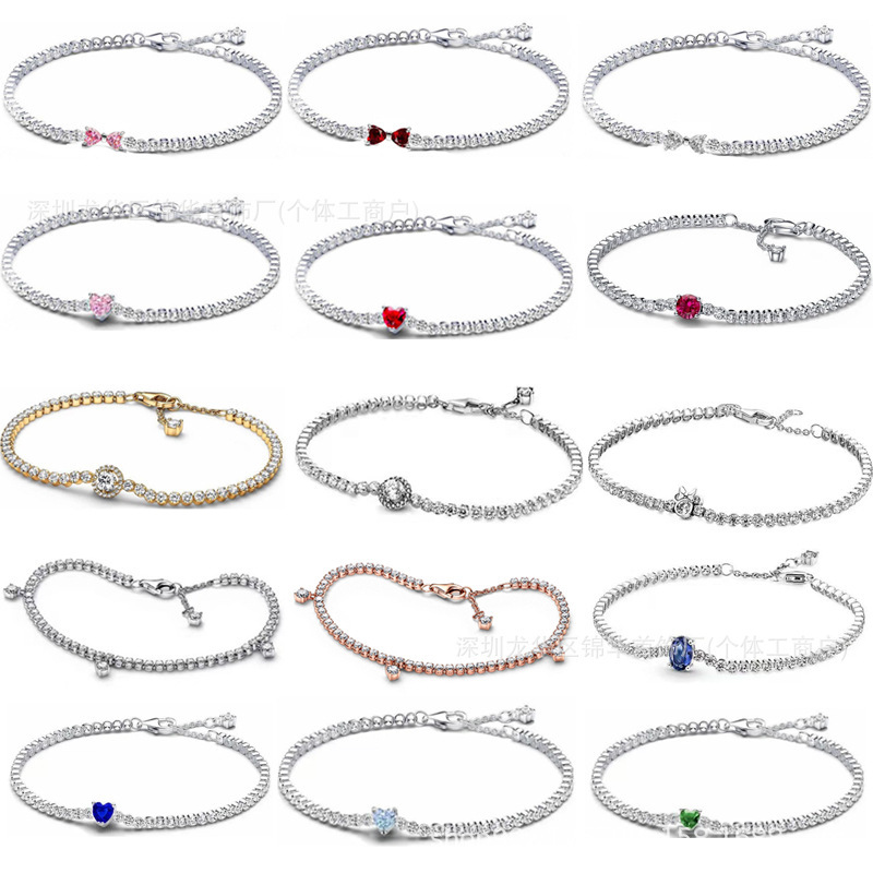 Pan's White Copper Silver-Plated Sparkling Bracelet with Heart-Shaped Tennis Chain and Red Heart-Shaped Gemstone, Fashionable and Versatile for Women