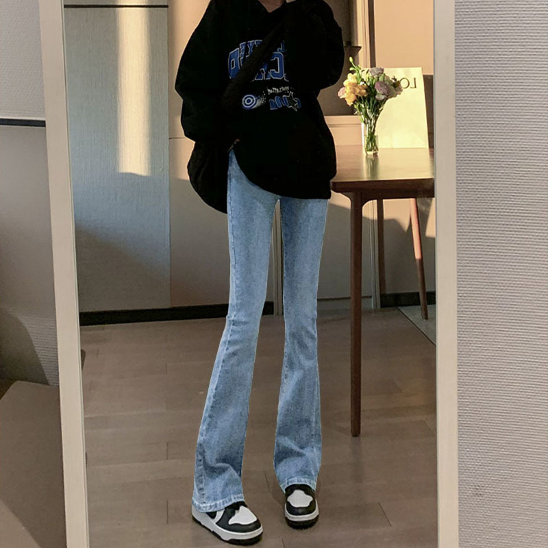 스파이스 걸스 WEILA 청바지 여성 겨울 높은 허리 탄성 슬림 작은 스트레이트 트럼펫 바지 2022 새로운