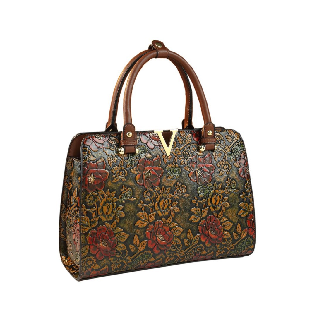 Túi đeo chéo hoa retro cỡ lớn cho mẹ trung niên, phong cách Trung Hoa cổ điển — cà phê nâu
