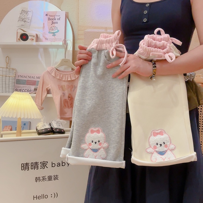 2025新款女童百搭甜美撞色腰蝴蝶结小狗贴布阔腿裤小童|undefined