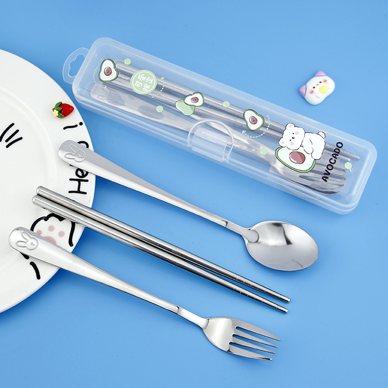 新しい漫画ポータブル食器 3 点セットステンレス鋼フォークスプーン箸学生かわいい食事食器セット|undefined