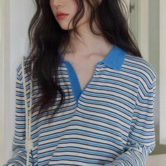 1313撞色polo翻领蓝白条套头羊毛针织衫2025女秋层次感宽松薄毛衣