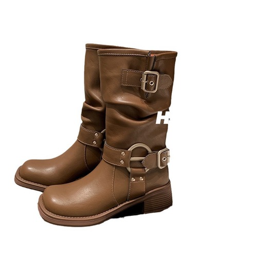 Vintage Cowboy Boots European and American Western Belt Buckle Platform Boots Mid-Calf Boots Women's High-Top Riding Boots Martin Boots