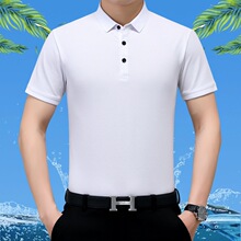 专柜正品纯色短袖t恤男薄款中年夏季桑蚕丝翻领宽松爸爸装体恤衣