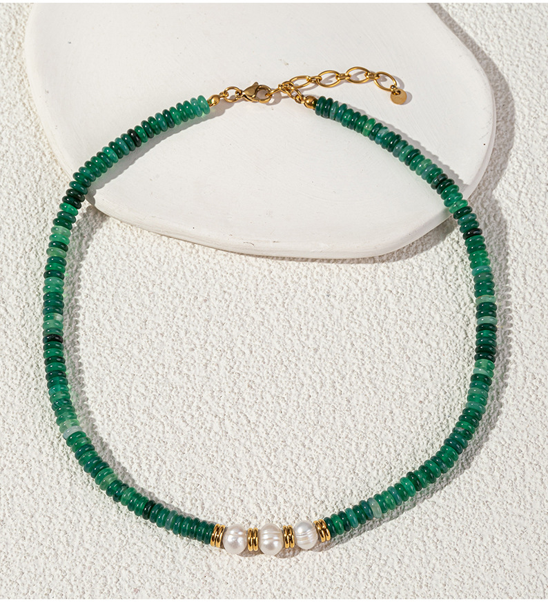 Linglang Vintage Green Natural Stone Beaded Necklace Women's Natural Pearl  Collar Chain Handmade Pearl Jewelry