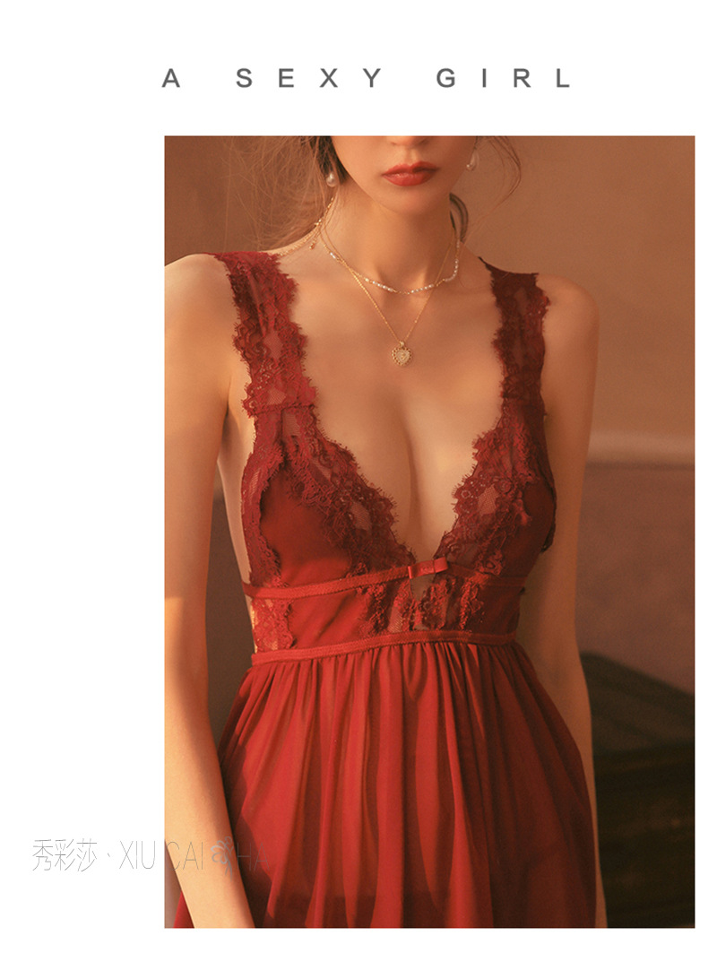 Wine-Red Lace Mesh Babydoll Nightgown with Short Skirt Design, See-Through Wholesale Lingerie — detail image 23