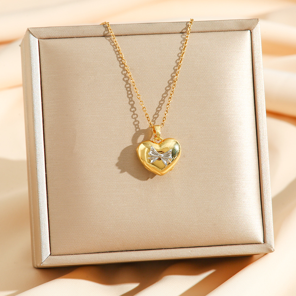 All Seasons Season Women's Gender Wholesale Jewelry Simple Style Heart Shape Bow Knot Titanium Steel Copper 18K Gold Plated Mixed Metal Pendant Necklace Cable Chain