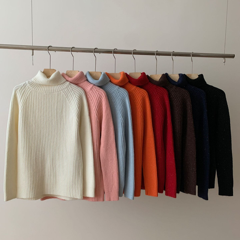 Autumn and Winter 2026 New Soft and Cozy Solid Color Thickened Shiny Silk Inner Layer Knit Top High-Neck Sweater for Women