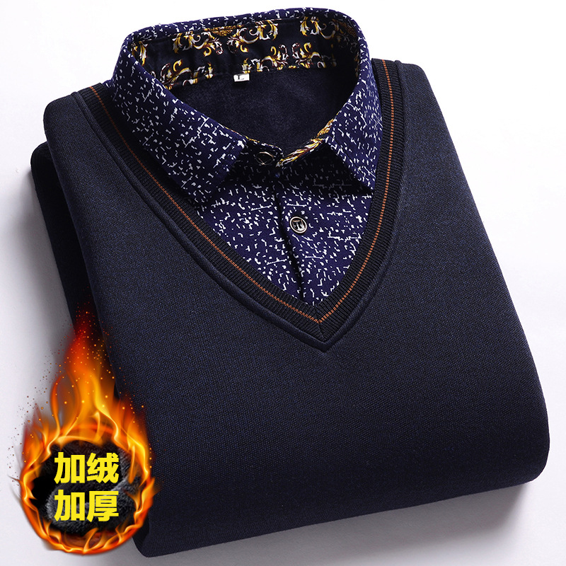 加绒加厚冬季针织上衣新款中老年套头毛衣男士衬衫领假两件打底衫