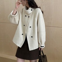 双面羊绒大衣女2025秋季新款高端小个子双排扣立领羊毛呢短外套女
