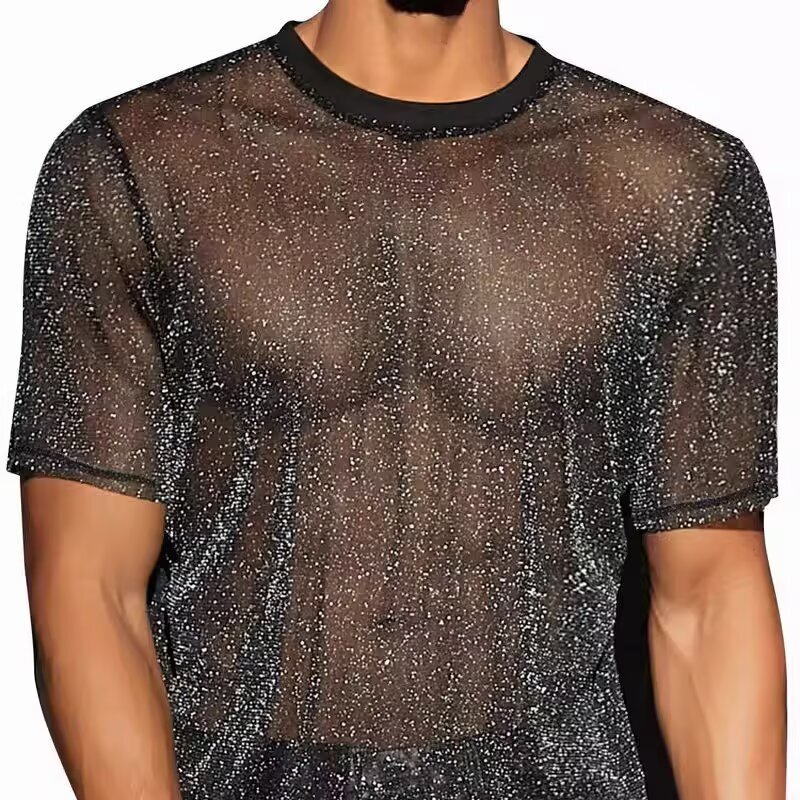 European and American Style Sexy See-Through Highlight Top for Male Models, Nightclub Fluorescent Long-Sleeve Lightweight Hollow-Out Pearlescent Sequin Mesh T-Shirt European and American Style Sexy See-Through Highlight Top for Male Models, Nightclub Fluorescent Long-Sleeve Lightweight Hollow-Out Pearlescent Sequin Mesh T-Shirt