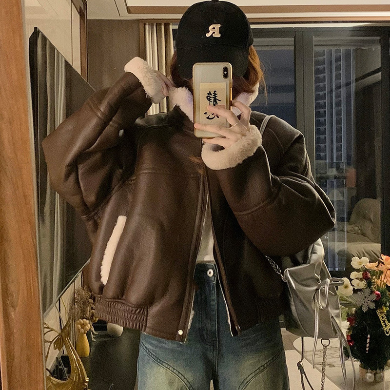 Lamb Fur Jacket Short Outwear for Women 2024 Winter New Trendy Brand Fur All-In-One Sweet and Cool Motorcycle Suit