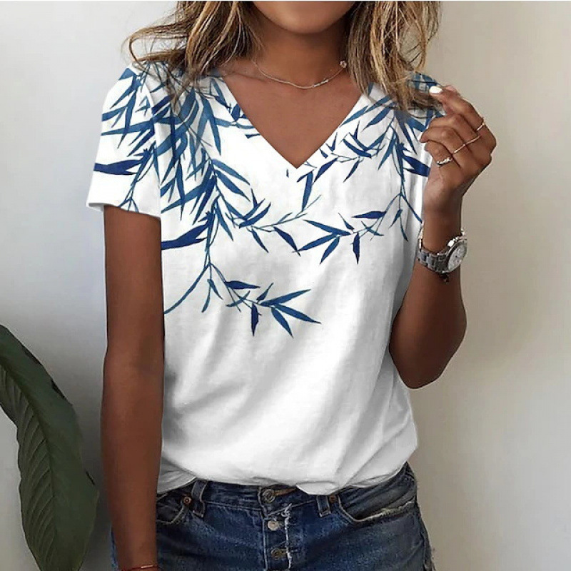 2026 Summer European and American Foreign Trade Women's Clothing New V-Neck Top with 3D Rose and Morning Glory Graphic T-Shirt