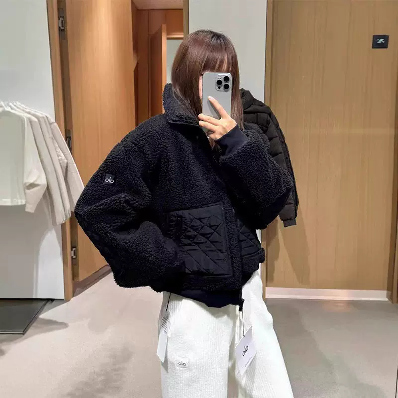 现货ALOANGT秋冬棕色羊羔毛连帽短外套保暖运动休闲立领拉链夹克