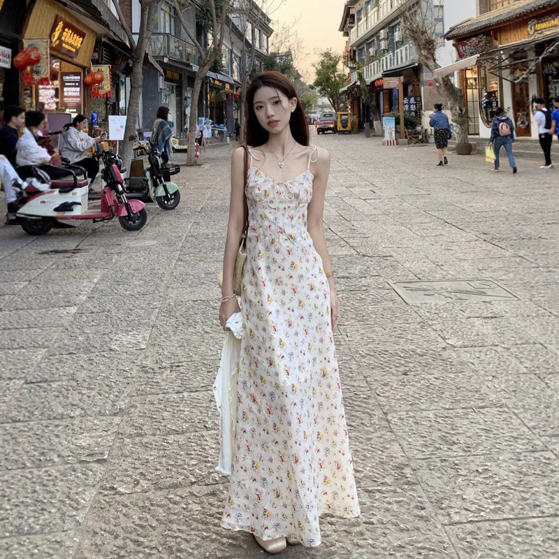 French White Floral Suspender Dress for Women, Beautiful Summer Skirt, Waist Slimming, Seaside Vacation Long Skirt