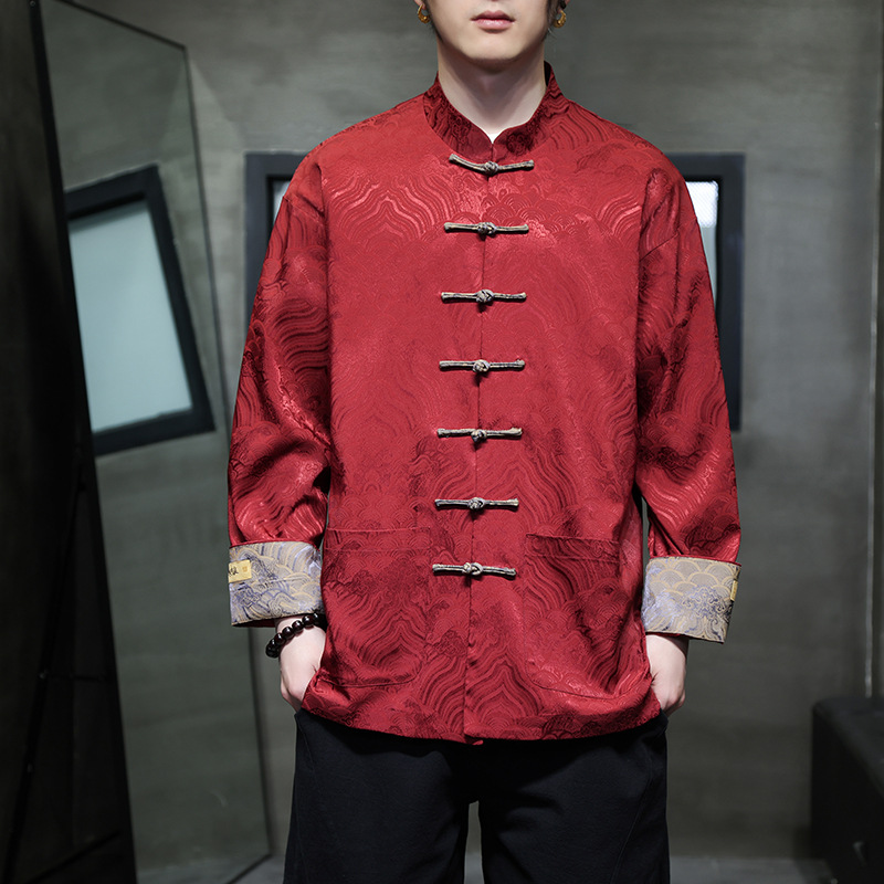Chinese-style long-sleeved shirt for men, loose fit, stand-up collar, retro button closure, jacquard casual shirt, fashionable and trendy Tang suit/Hanfu.