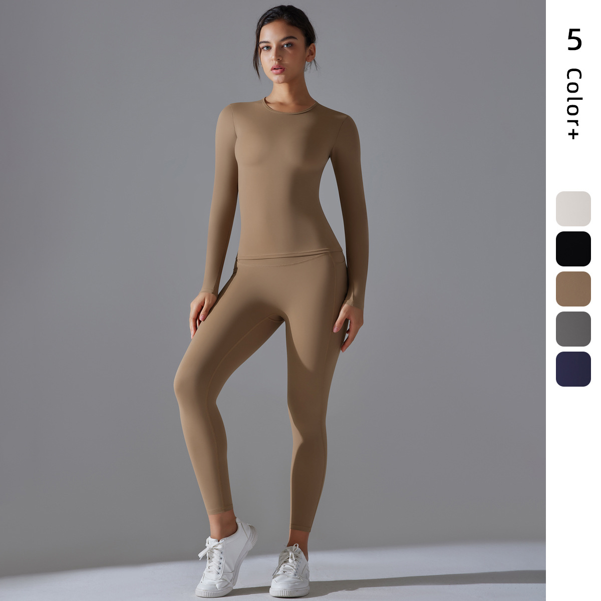 Nuevo color sólido de dos lados abrasivos transpirables de alta elasticidad ajustada manga larga yoga conjunto de ejercicio ejercicio ejercicio dos piezas conjunto