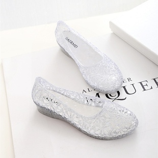 Summer Wedge Jelly Transparent Sandals Women's Crystal Plastic Flat Hollow Bird's Nest Waterproof Beach Shoes Soft Moms Shoes