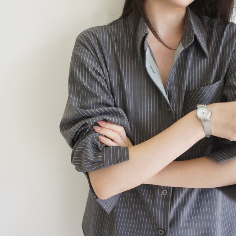 Lost and Found Gray Pinstripe Long-Sleeve Shirt with Contrasting Placket, Lambskin Texture, Loose Fit for Women