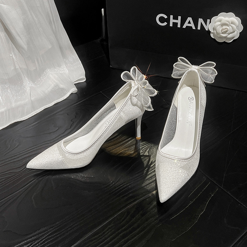 Wedding Shoes for Women 2025 New Mesh White High Heels Stiletto Wedding Dress Bridal Shoes Bow Adult Dress Shoes