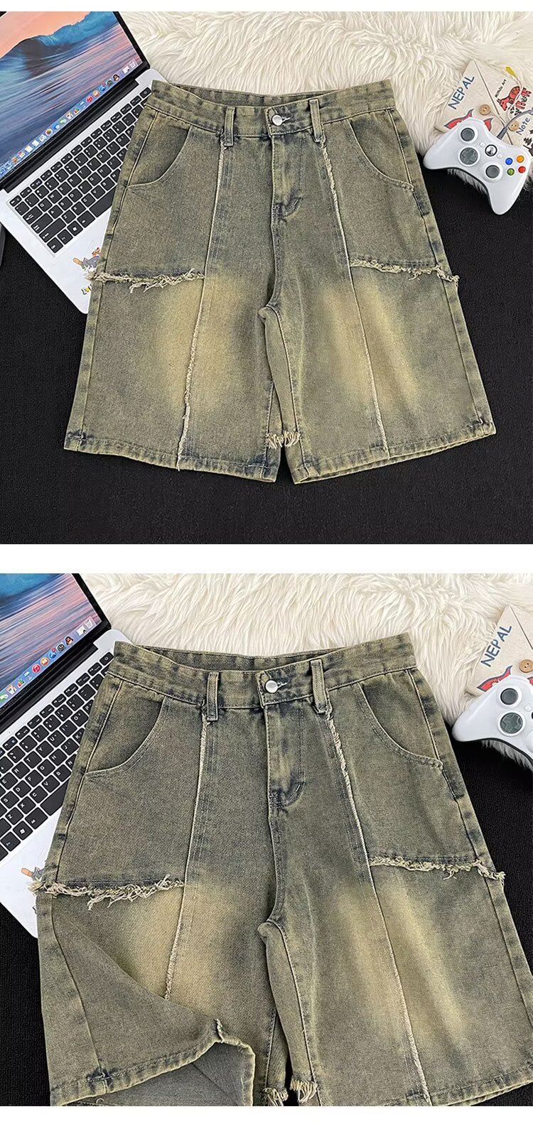 Men's Denim Shorts Retro Distressed Frayed Patchwork Loose Fit_voghion.com