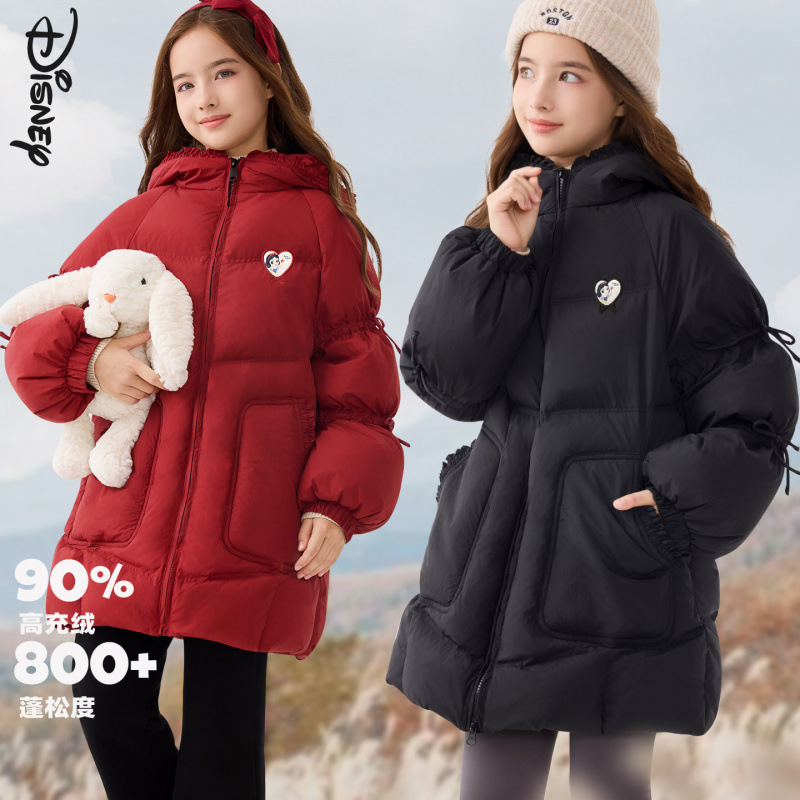 Girls' down jacket, winter new style, children's hooded mid-length ski suit, thickened white duck down, stylish top