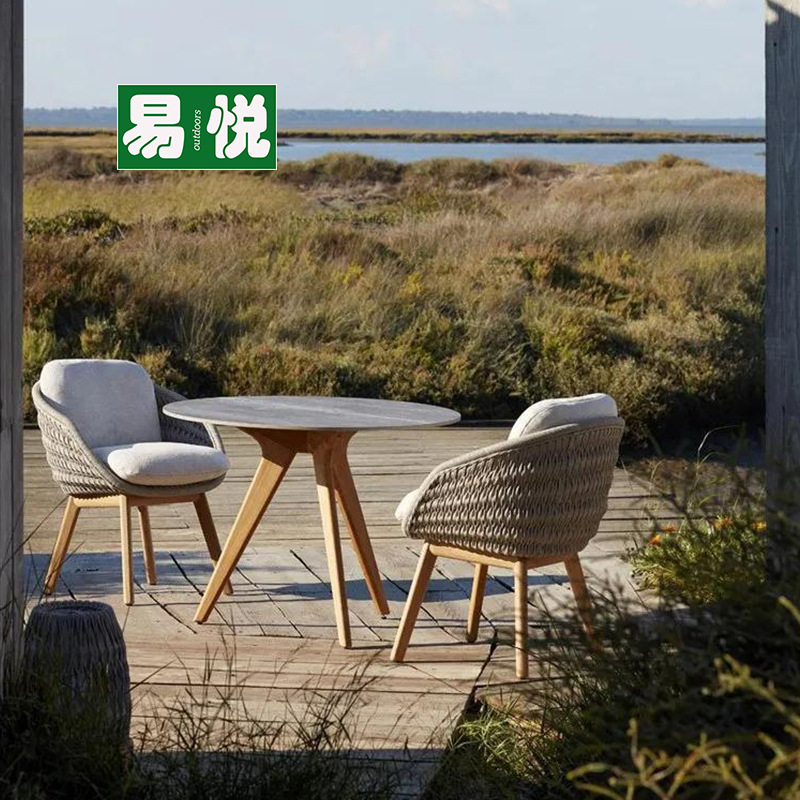 Villa silla de comedor jardín al aire libre anticorrosivo teca caña mesa y silla mesa de comedor de tabla de roca nórdica patio al aire libre mesa y silla de ocio