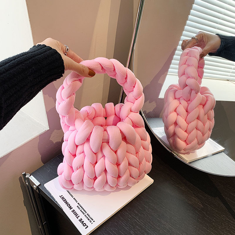Súper gruesa de lana de Islandia bolso de las mujeres tejidas a mano bolsa de cubo coreano hecho en casa estilo coreano mano llevar bolsa de mensajero para la novia