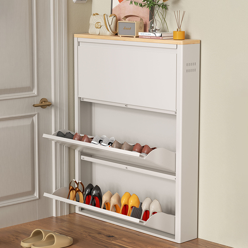 New Thin Steel Flip-Top Shoe Cabinet for Home Use, Integrated Against the Wall, Large Capacity Shoe Rack for Entryway