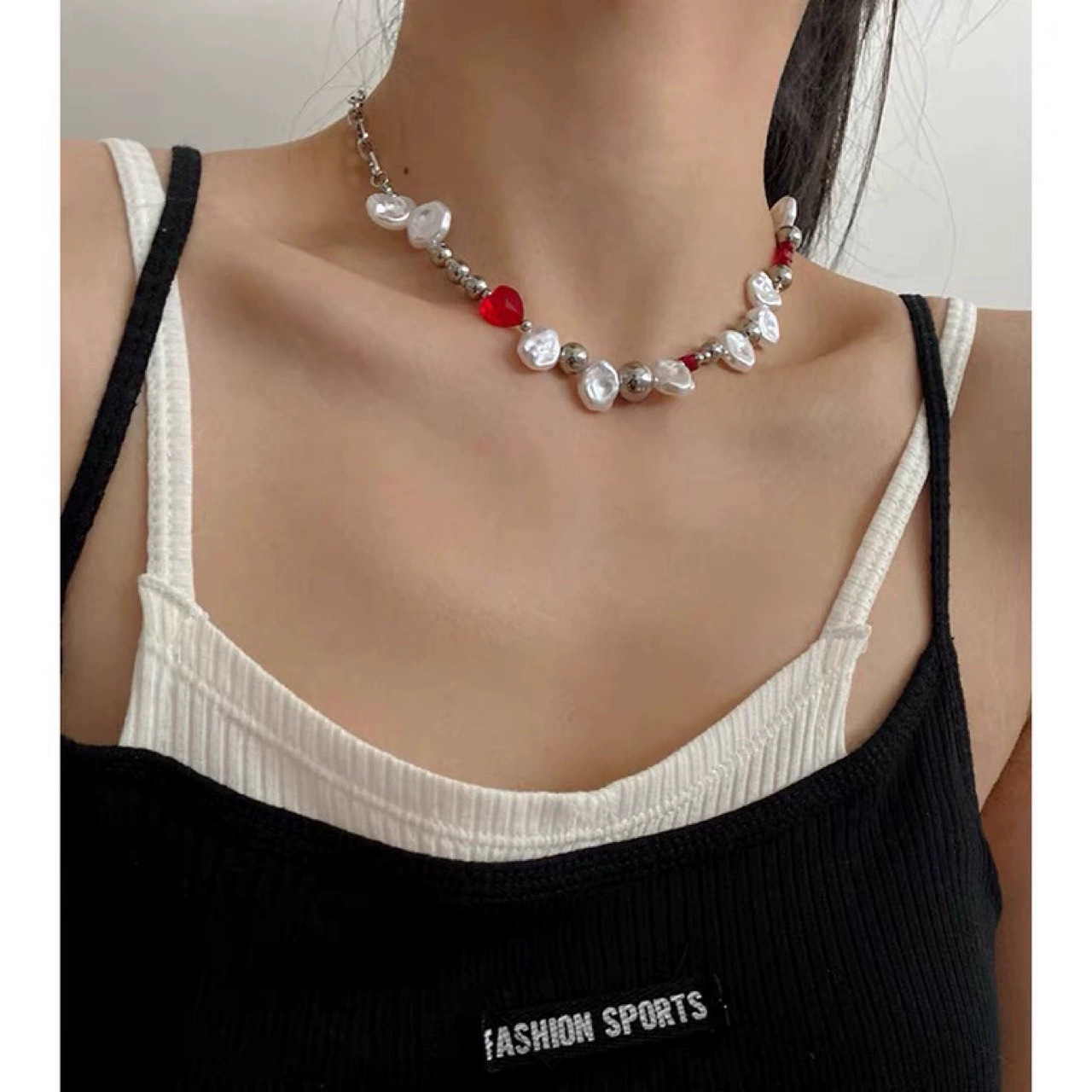 Rote Kristall Perlenkette Für Damen Einzigartiges Hip Hop Collier_voghion.com