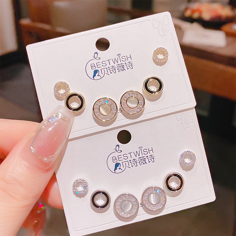 2025新品梯形锆石圈圈滴油三对装耳钉 韩版银针高级感6件套装耳钉