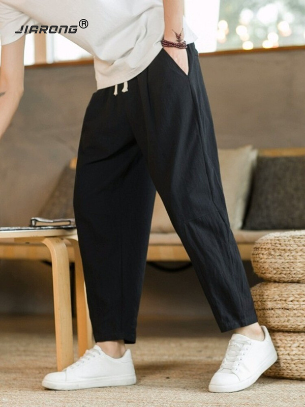 Linen Cropped Pants Men Summer Thin Casual Pants Chinese Style Cotton Linen Pants Straight Loose Tapered Pants Cropped Pants