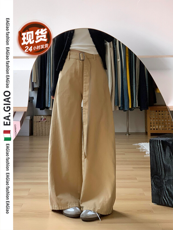 美式复古腰带卡其色阔腿牛仔裤女2025新款高腰宽松显瘦垂感休闲裤|undefined