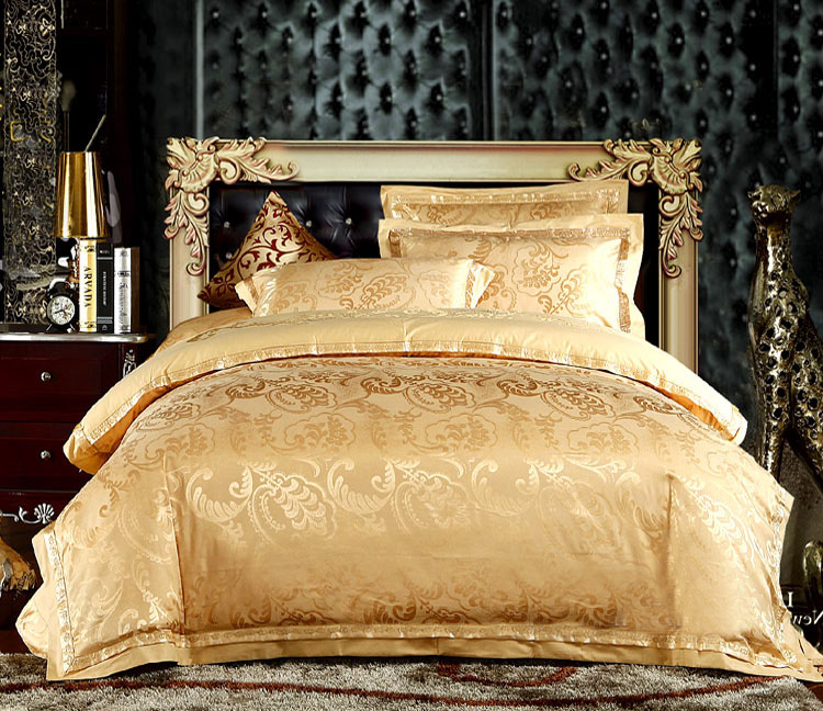2U8K European satin wedding bedding 220*240 quilt cover sheets four-piece cotton gold clear