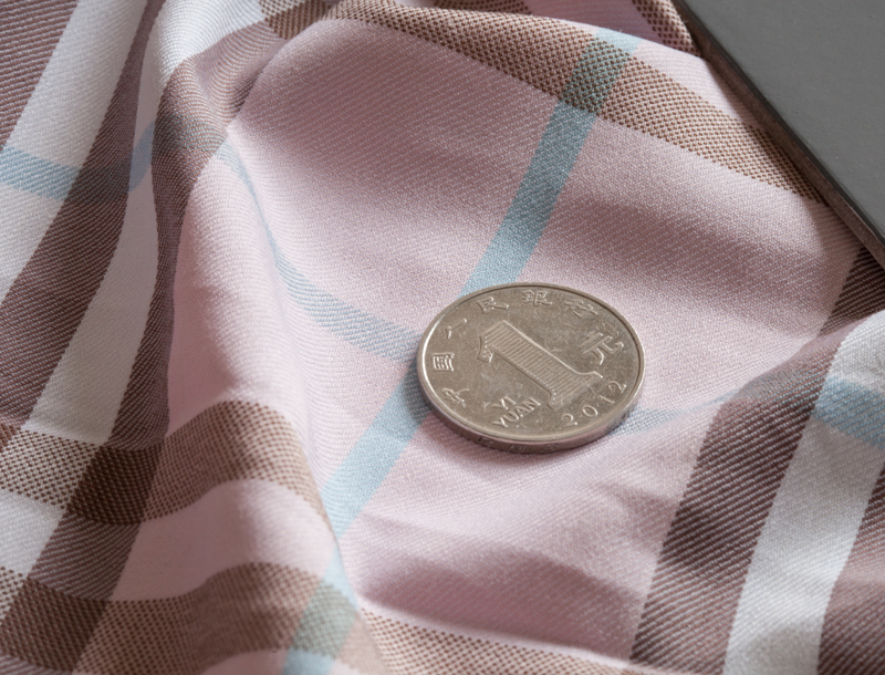 棉涤交织色织粉红底蓝格弹力细细纹格布春夏衬衣面料DIY微弹布料