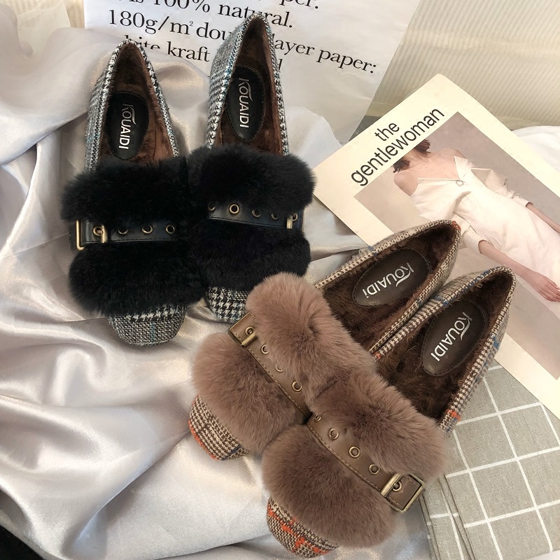 Mao Mao Shoes Women's Bean Shoes Autumn and Winter 2025 New All-match Outer Wear Plaid Rabbit Fur fleece-lined Shoes Flat Floating Shoes