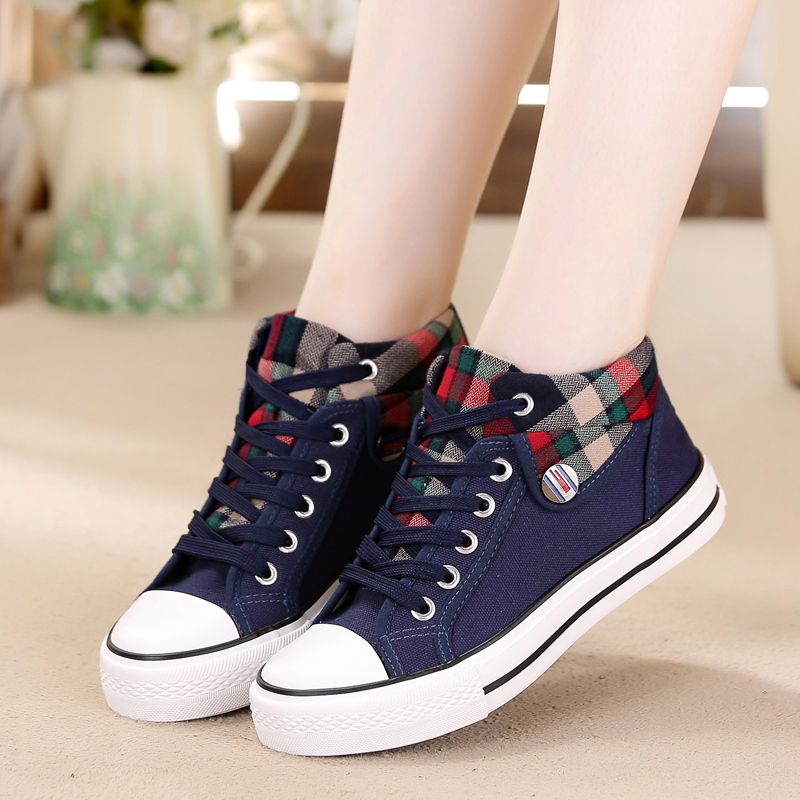 2025春秋季新款高帮帆布鞋女鞋韩版百搭女休闲学生格子布鞋潮鞋子