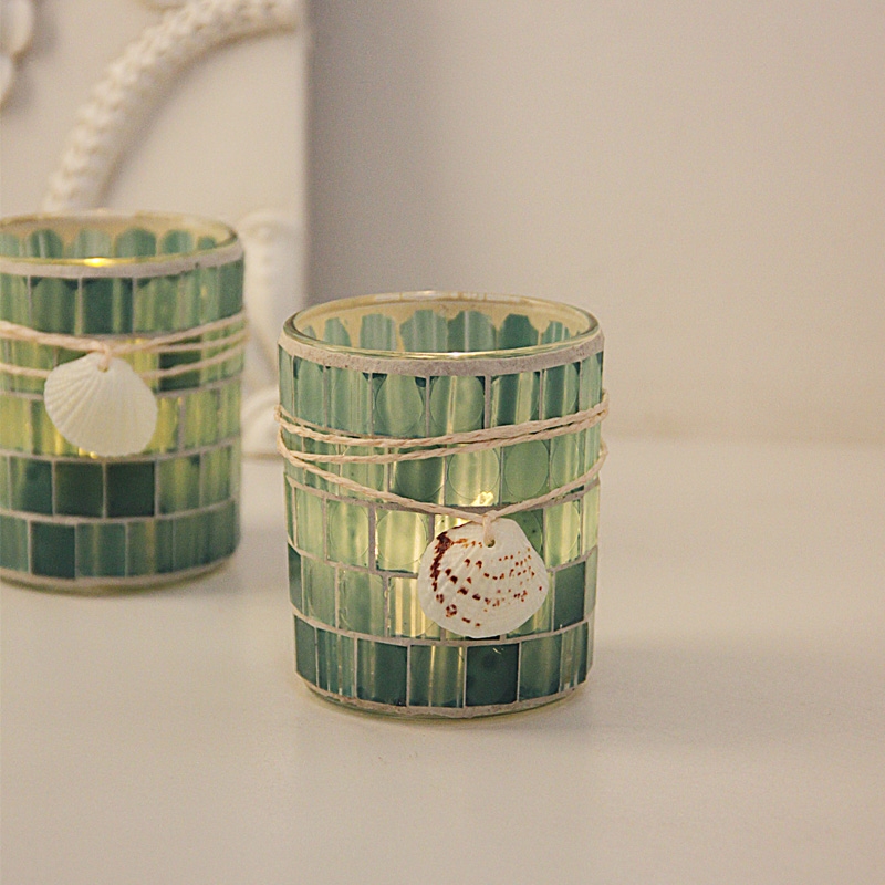 。 Mediterranean Style Shell Glass Mosaic Candle Holder Romantic Candlelight Dinner Candlestick Restaurant Decoration