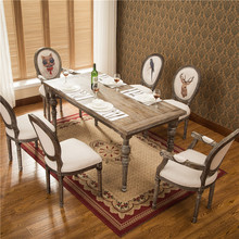 9U欧式美式餐桌组合实木桌子复古做旧拉丝松木餐桌法式餐厅简长方