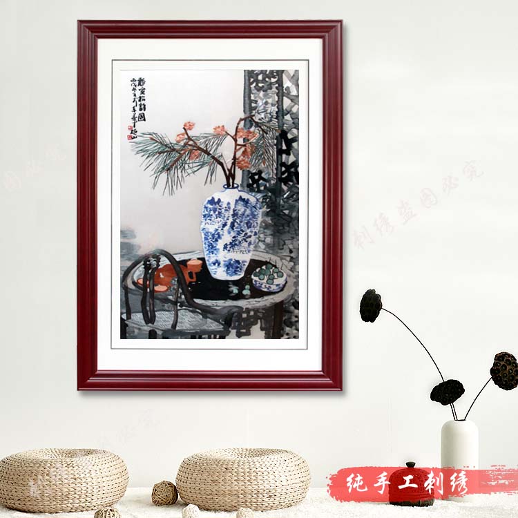 ✅静室松韵粤绣广绣潮绣广州装饰画静物成品画纯手工刺绣书房卧室
