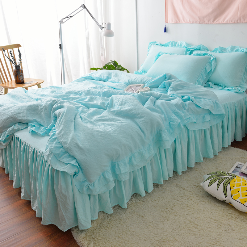 1F31韩式公主风水洗棉纯色荷叶花边床裙床罩式被套女孩床品四件套