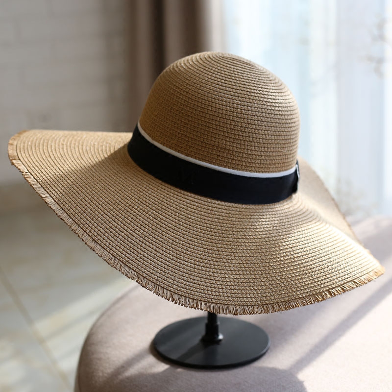 Black Summer Travel Vacation Straw Hat Women's Big Brim Hat Beach Sunshade Sunscreen Foldable Hat Women