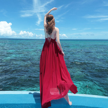 2024新款海边度假沙滩裙三亚红色拍照长裙性感露背吊带连衣裙超仙