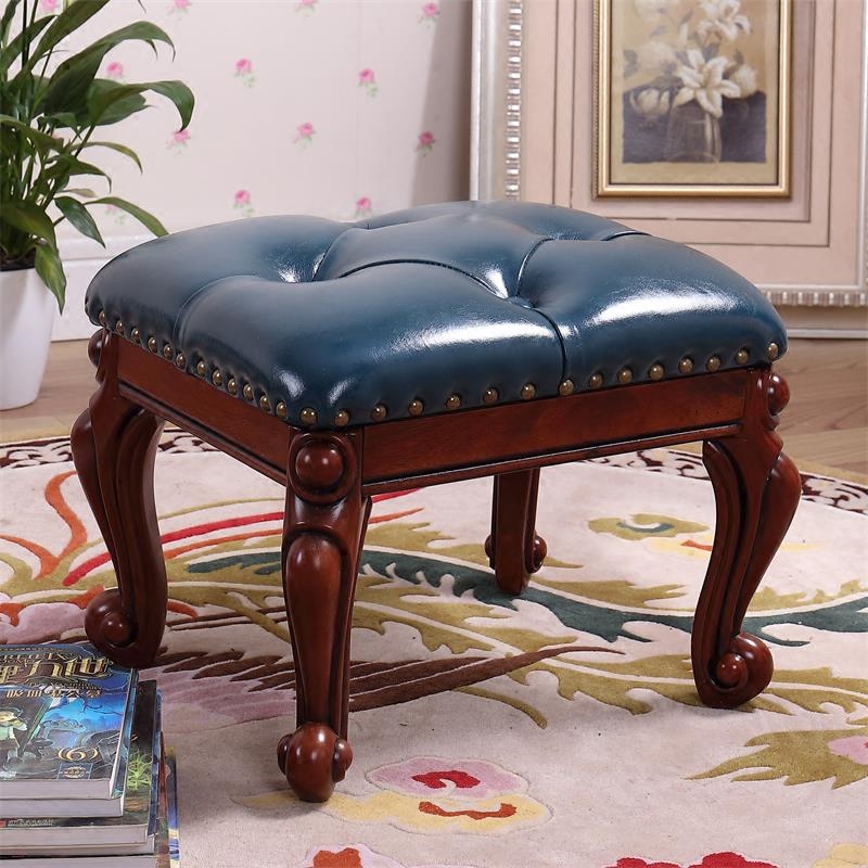 American Low Stool Home Living Room Solid Wood Leather Sofa Stool Adult Shoe Changing Stool European Coffee Table Stool Small Wooden Bench