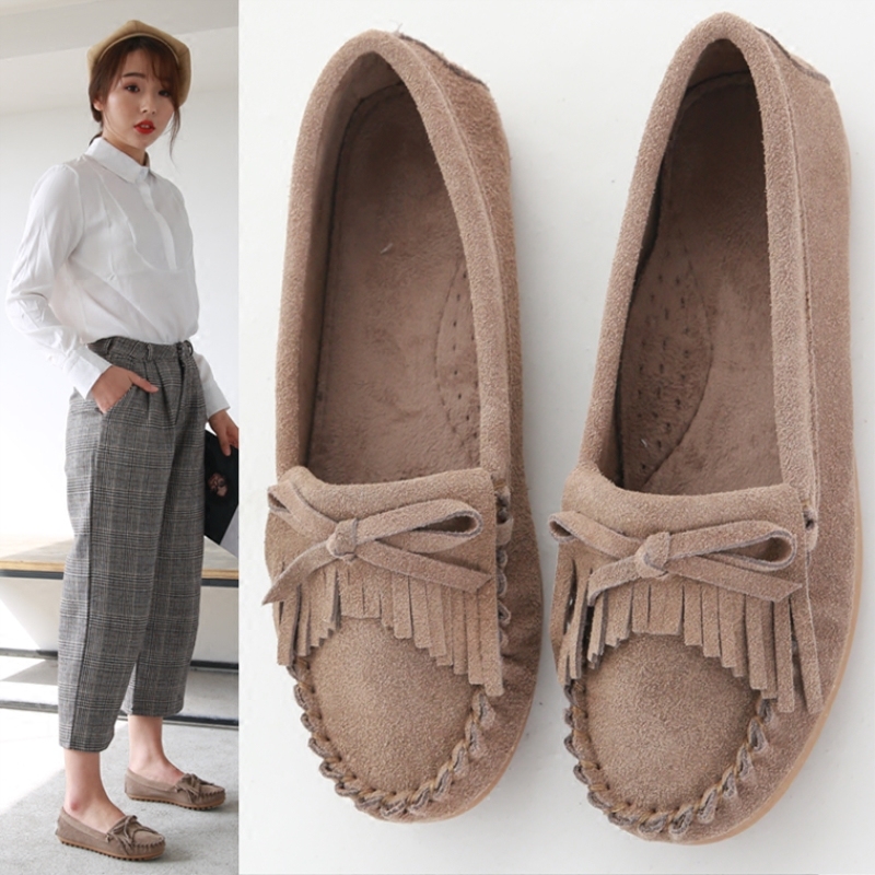 Genuine Leather Pregnant Women's Single-layer Shoes with Soft Sole with Beef Sole New Style Flat Shoes Women's Shoes for Spring and Autumn Ladyshoes Boat Shoes Casual Shoes