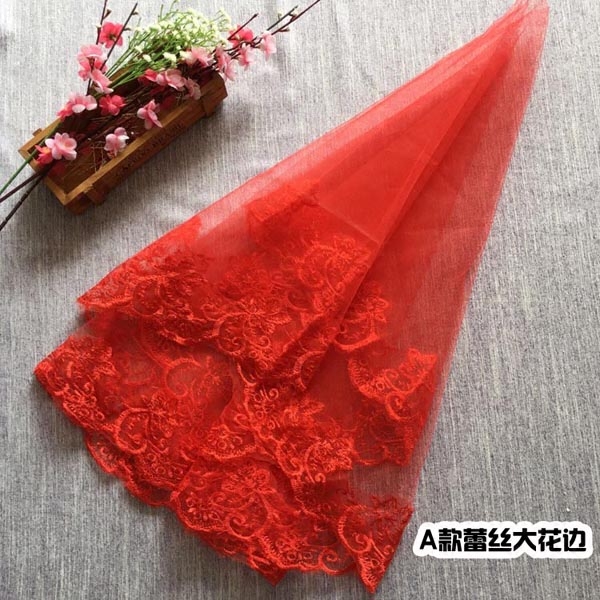 New red bridal veil Chinese wedding lace lace wedding embroidery short veil 1.5 meters long