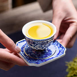 W6OI青花瓷茶杯中式复古品茗杯主人杯小茶碗陶瓷功夫茶具描金茶碗