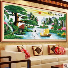 ✅迎客松十字绣成品纯手工 财运版客厅2米风景山水画出售 已绣好