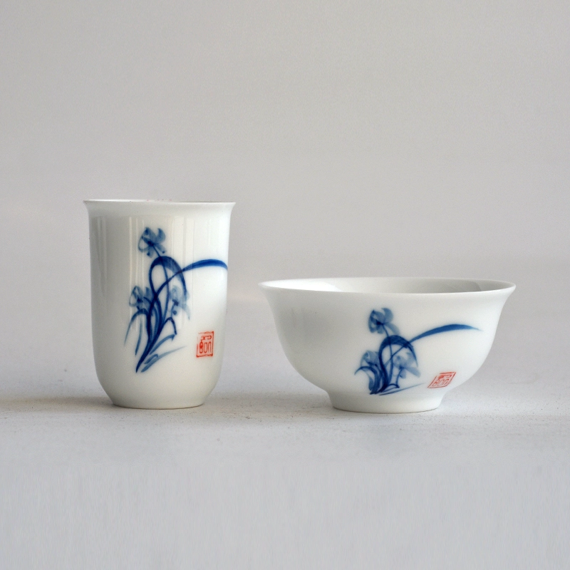 Blue and white tea cup handmade, ceramic set, hand painting