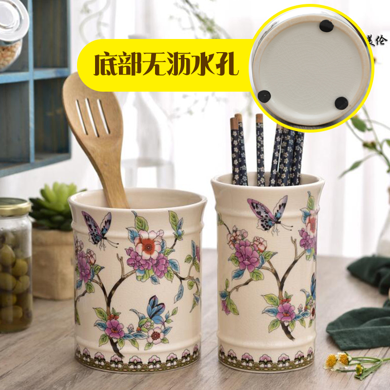 9JO ヨーロッパセラミックダブル箸チューブキッチン用品スプーン食器収納ボックス大口径排水ダブルチューブ箸ケージ|undefined